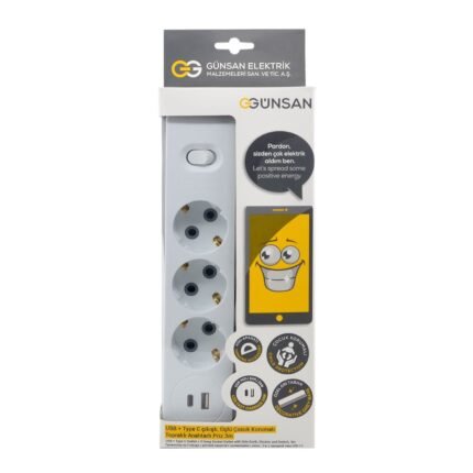 Valta USB + Type C çıkışlı Üçlü Çocuk Korumalı Topraklı Anahtarlı Priz 3mt - Günsan - 01351140-303310